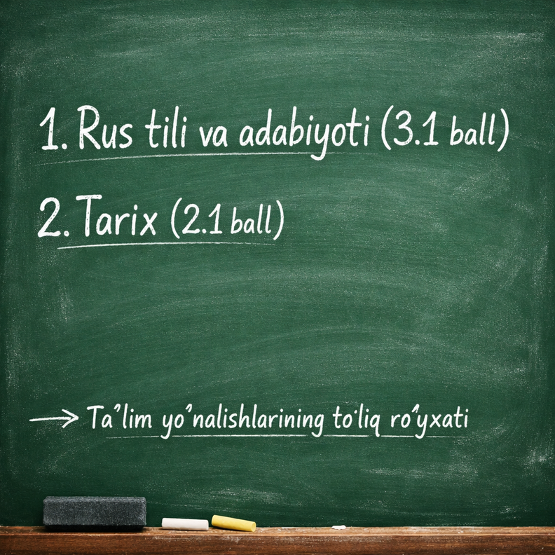 2026/2027 o‘quv yilida Rus tili va adabiyoti (3.1 ball) va Tarix (2.1 ball) fanlaridan imtihon topshiriladigan taʼlim yo‘nalishlarining to‘liq ro‘yxati