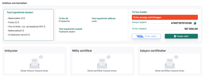Test uchun to‘lov qilishni unutmang. Hali imkoniyat bor