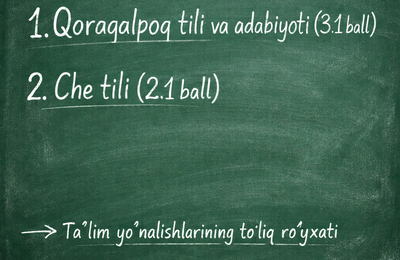 2026/2027 o‘quv yilida Qoraqalpoq tili va adabiyoti (3.1 ball) va Chet tili (2.1 ball) fanlaridan imtihon topshiriladigan taʼlim yo‘nalishlarining to‘liq ro‘yxati