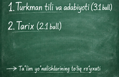 2026/2027 o‘quv yilida Turkman tili va adabiyoti (3.1 ball) va Tarix (2.1 ball) fanlaridan imtihon topshiriladigan taʼlim yo‘nalishlarining to‘liq ro‘yxati