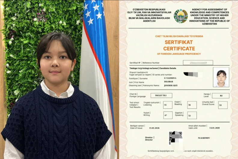 Buxorolik 5-sinf o‘quvchisi CEFR B2 darajali sertifikatni qo‘lga kiritdi