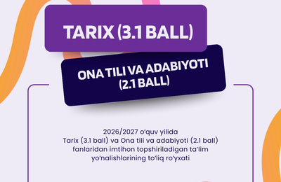 2026/2027 o‘quv yilida Tarix (3.1 ball) va Ona tili va adabiyoti (2.1 ball) fanlaridan imtihon topshiriladigan ta’lim yo‘nalishlarining to‘liq ro‘yxati