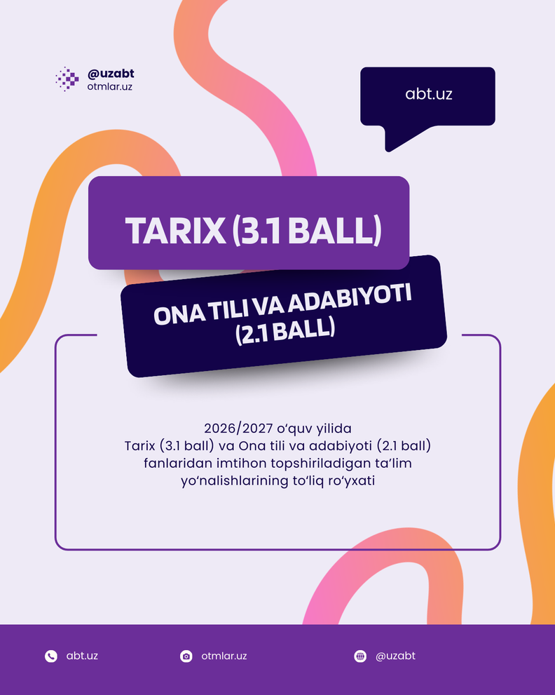 2026/2027 o‘quv yilida Tarix (3.1 ball) va Ona tili va adabiyoti (2.1 ball) fanlaridan imtihon topshiriladigan ta’lim yo‘nalishlarining to‘liq ro‘yxati