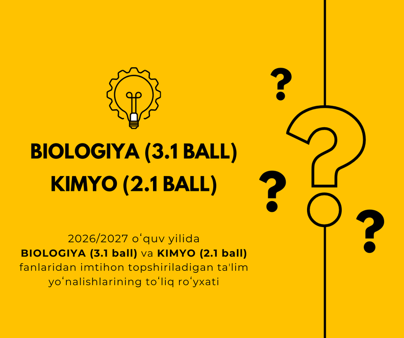 2026/2027 o‘quv yilida Biologiya (3.1 ball) va Kimyo (2.1 ball) fanlaridan imtihon topshiriladigan ta’lim yo‘nalishlarining to‘liq ro‘yxati