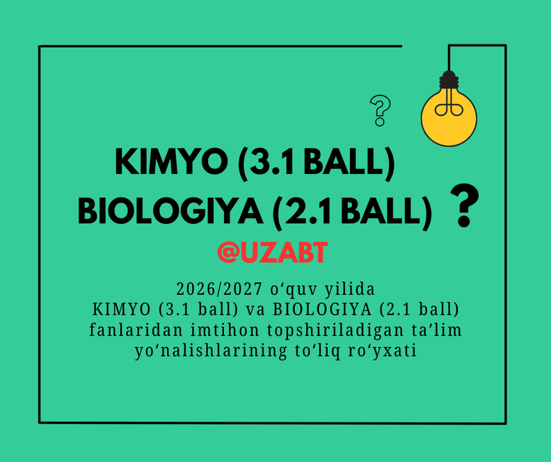 2026/2027 o‘quv yilida Kimyo (3.1 ball) va Biologiya (2.1 ball) fanlaridan imtihon topshiriladigan ta’lim yo‘nalishlarining to‘liq ro‘yxati