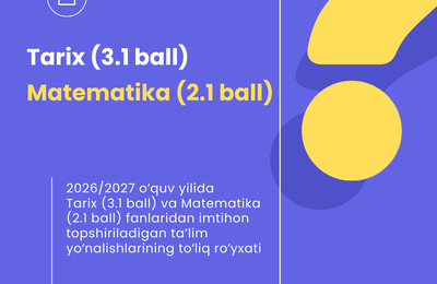 2026/2027 o‘quv yilida Tarix (3.1 ball) va Matematika (2.1 ball) fanlaridan imtihon topshiriladigan ta’lim yo‘nalishlarining to‘liq ro‘yxati