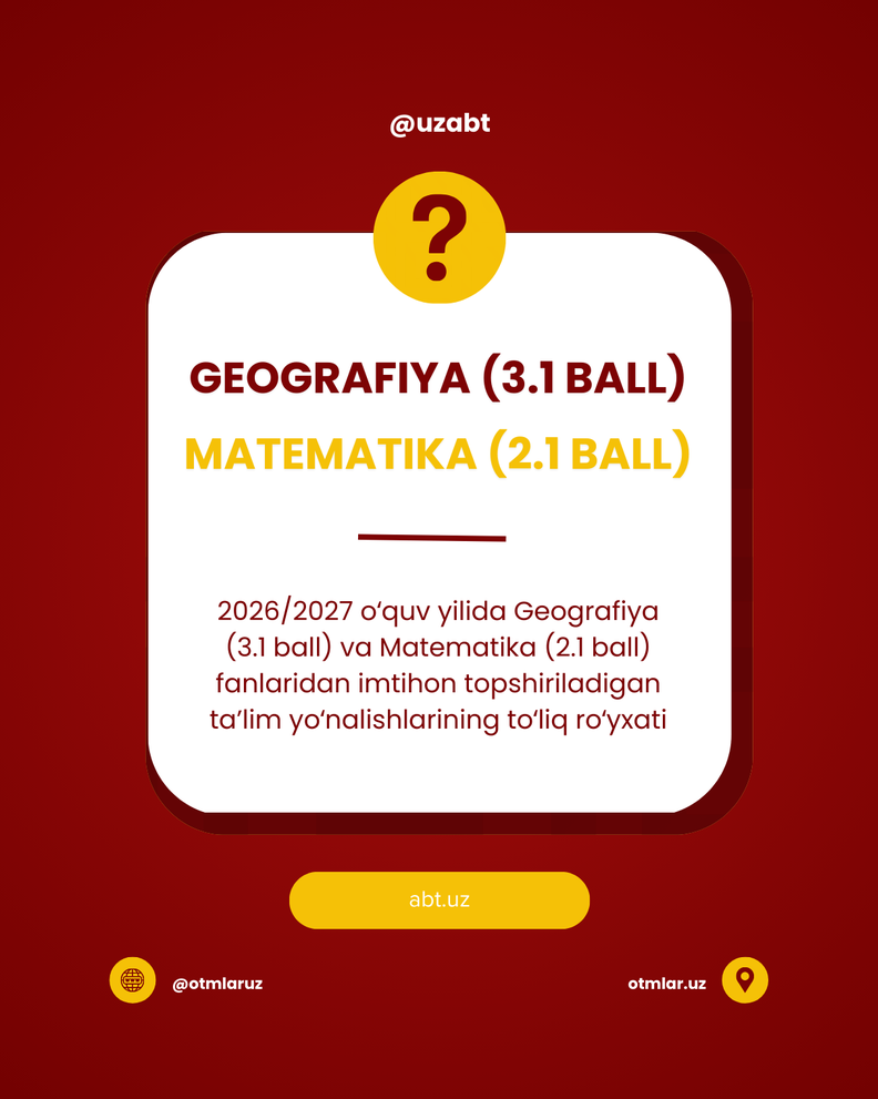 2026/2027 o‘quv yilida Geografiya (3.1 ball) va Matematika (2.1 ball) fanlaridan imtihon topshiriladigan ta’lim yo‘nalishlarining to‘liq ro‘yxati