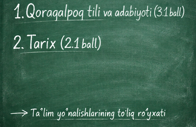 2026/2027 o‘quv yilida Qoraqalpoq tili va adabiyoti (3.1 ball) va Tarix (2.1 ball) fanlaridan imtihon topshiriladigan taʼlim yo‘nalishlarining to‘liq ro‘yxati