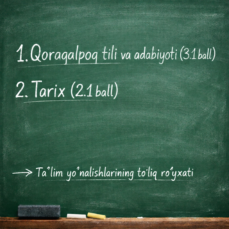 2026/2027 o‘quv yilida Qoraqalpoq tili va adabiyoti (3.1 ball) va Tarix (2.1 ball) fanlaridan imtihon topshiriladigan taʼlim yo‘nalishlarining to‘liq ro‘yxati