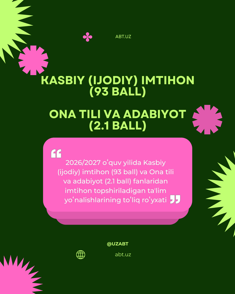 2026/2027 o‘quv yilida Kasbiy (ijodiy) imtihon (93 ball) va Ona tili va adabiyoti (2.1 ball) fanlaridan imtihon topshiriladigan ta’lim yo‘nalishlarining to‘liq ro‘yxati