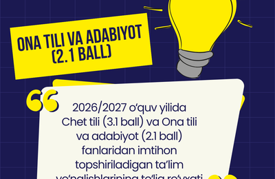 2026/2027 o‘quv yilida Chet tili (3.1 ball) va Ona tili va adabiyoti (2.1 ball) fanlaridan imtihon topshiriladigan ta’lim yo‘nalishlarining to‘liq ro‘yxati