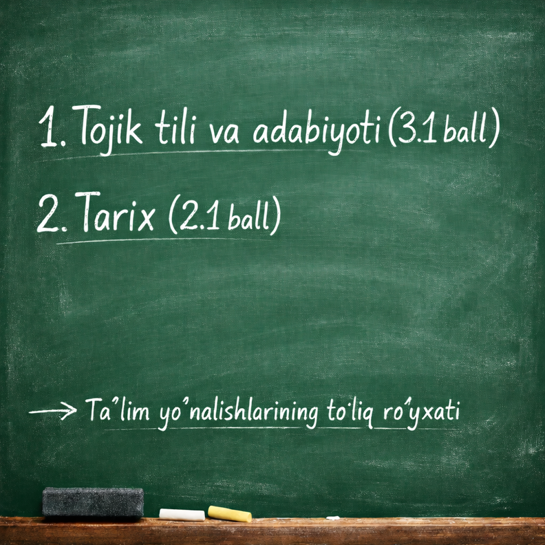 2026/2027 o‘quv yilida Tojik tili va adabiyoti (3.1 ball) va Tarix (2.1 ball) fanlaridan imtihon topshiriladigan taʼlim yo‘nalishlarining to‘liq ro‘yxati