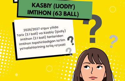 2026/2027 o‘quv yilida Tarix (3.1 ball) va Kasbiy (ijodiy) imtihon (63 ball) fanlaridan imtihon topshiriladigan ta’lim yo‘nalishlarining to‘liq ro‘yxati