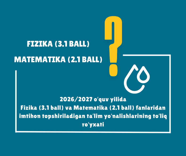 2026/2027 o‘quv yilida Fizika (3.1 ball) va Matematika (2.1 ball) fanlaridan imtihon topshiriladigan ta’lim yo‘nalishlarining to‘liq ro‘yxati