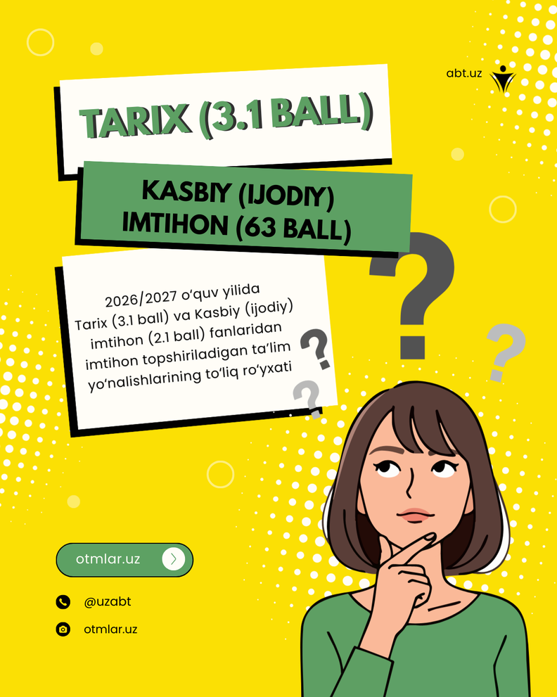 2026/2027 o‘quv yilida Tarix (3.1 ball) va Kasbiy (ijodiy) imtihon (63 ball) fanlaridan imtihon topshiriladigan ta’lim yo‘nalishlarining to‘liq ro‘yxati