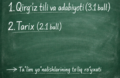 2026/2027 o‘quv yilida Qirg‘iz tili va adabiyoti (3.1 ball) va Tarix (2.1 ball) fanlaridan imtihon topshiriladigan taʼlim yo‘nalishlarining to‘liq ro‘yxati