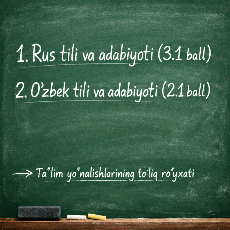 2026/2027 o‘quv yilida Rus tili (3.1 ball) va O‘zbek tili va adabiyoti (2.1 ball) fanlaridan imtihon topshiriladigan taʼlim yo‘nalishlarining to‘liq ro‘yxati