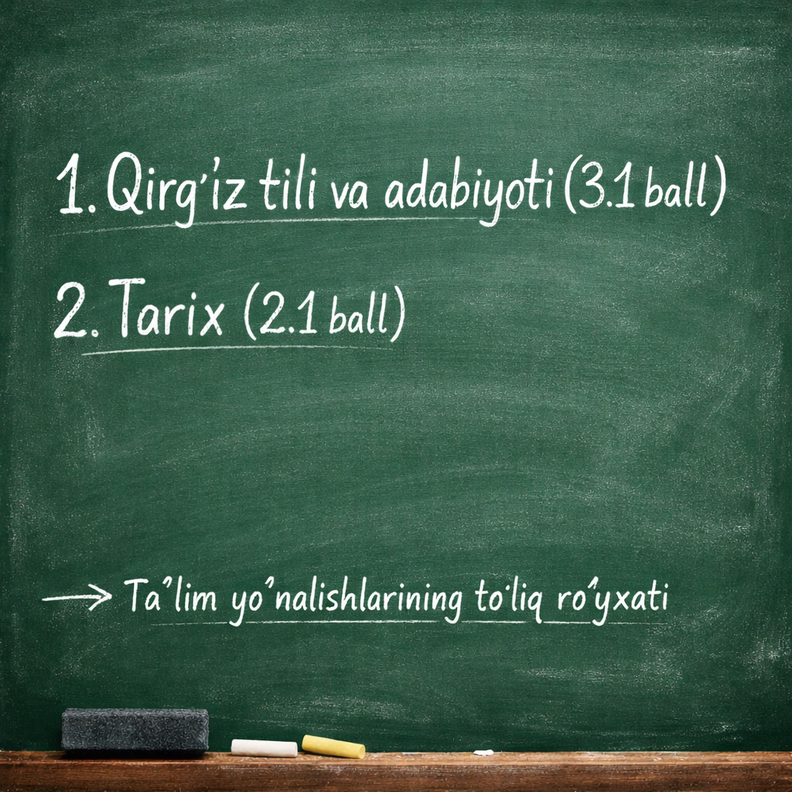 2026/2027 o‘quv yilida Qirg‘iz tili va adabiyoti (3.1 ball) va Tarix (2.1 ball) fanlaridan imtihon topshiriladigan taʼlim yo‘nalishlarining to‘liq ro‘yxati