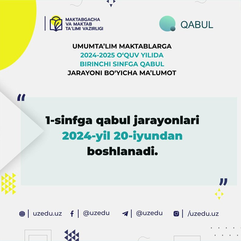 Maktablarga 1-sinfga qabul 20 iyundan boshlanadi