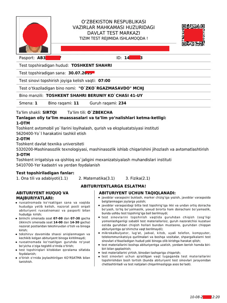 Abituriyent ruxsatnomasi qachon beriladi?