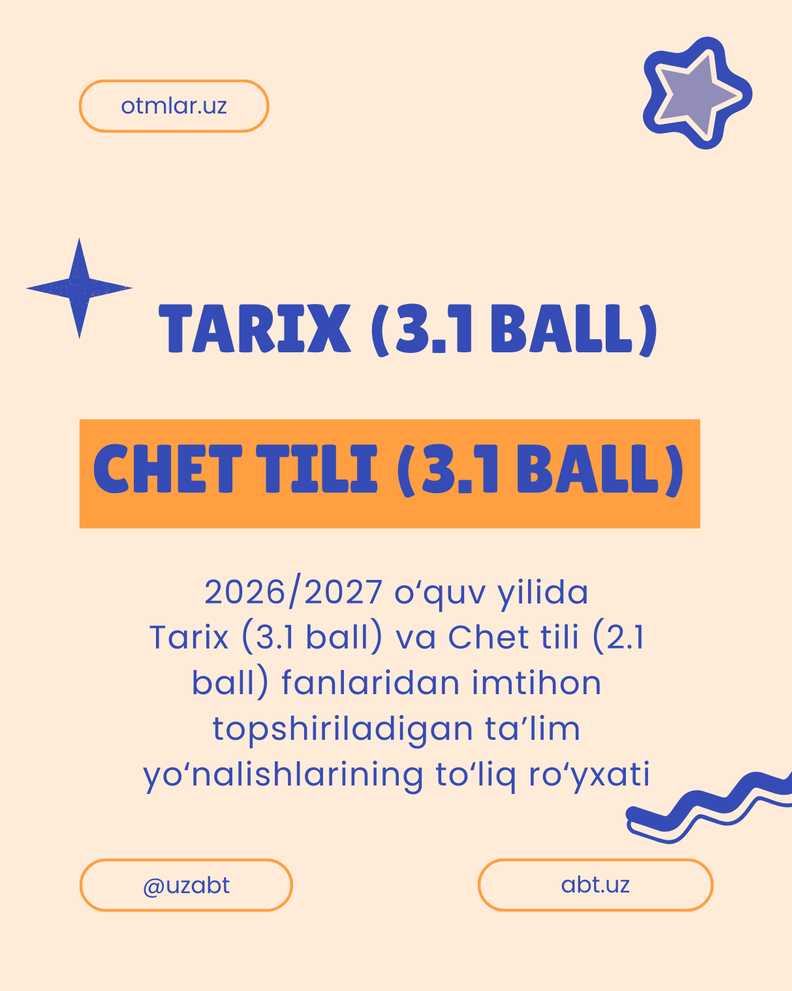 2026/2027 o‘quv yilida Tarix (3.1 ball) va Chet tili (2.1 ball) fanlaridan imtihon topshiriladigan ta’lim yo‘nalishlarining to‘liq ro‘yxati