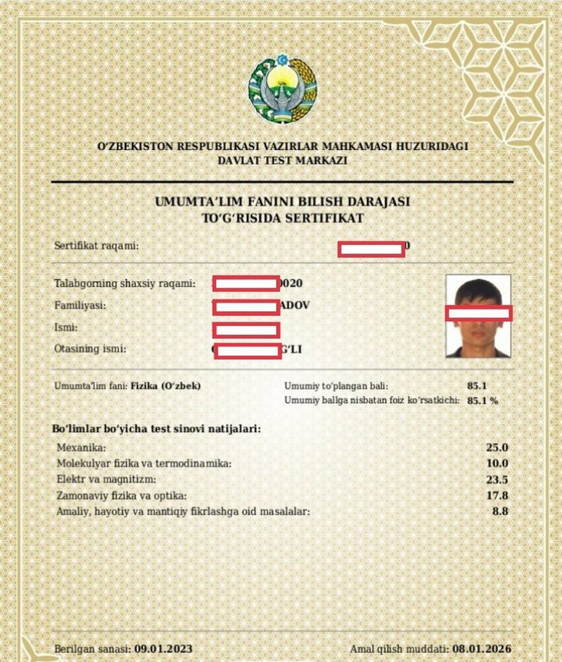 Abituriyent umumta’lim fanlaridan milliy sertifikat olsa uning natijalariga ballar qanday qo‘shib beriladi
