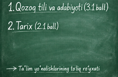 2026/2027 o‘quv yilida Qozoq tili va adabiyoti (3.1 ball) va Tarix (2.1 ball) fanlaridan imtihon topshiriladigan taʼlim yo‘nalishlarining to‘liq ro‘yxati