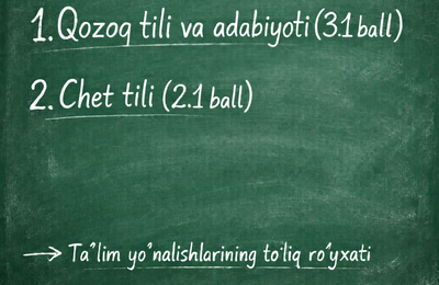 2026/2027 o‘quv yilida Qozoq tili va adabiyoti (3.1 ball) va Chet tili (2.1 ball) fanlaridan imtihon topshiriladigan taʼlim yo‘nalishlarining to‘liq ro‘yxati